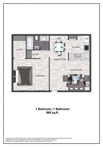 A floor plan of a small apartment with a bedroom, living room, kitchen, and bathroom.