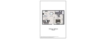 A floor plan of a small apartment with a living room, dining room, kitchen, and bathroom.