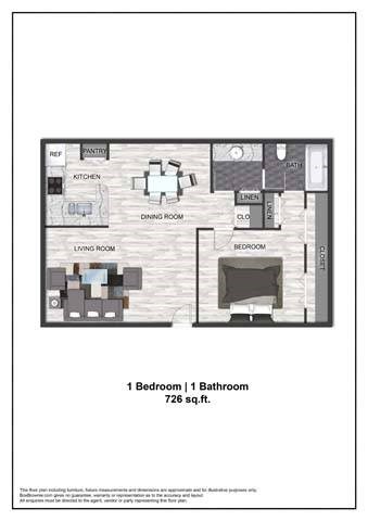 A floor plan of a small apartment with a living room, dining room, kitchen, and bathroom.