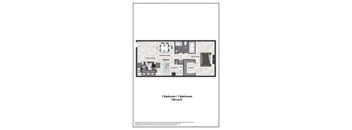 A floor plan of a small apartment with a living room, dining room, kitchen, one bedroom, and one bathroom.