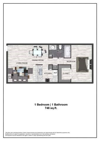 A floor plan of a small apartment with a living room, dining room, kitchen, one bedroom, and one bathroom.