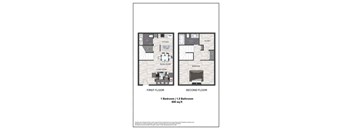 A floor plan of a two-story apartment with one bedroom and one bathroom on the first floor and a living room, dining room, kitchen and closet on the second floor.