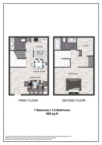 A floor plan of a two-story apartment with one bedroom and one bathroom on the first floor and a living room, dining room, kitchen and closet on the second floor.