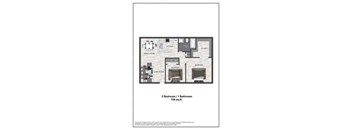 A floor plan of a small apartment with two bedrooms and one bathroom.