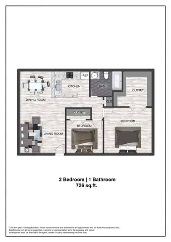 A floor plan of a small apartment with two bedrooms and one bathroom.