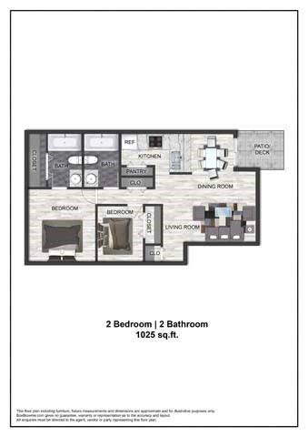 A floor plan of a 2 bedroom 2 bathroom apartment.