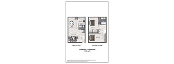 A diagram of a two bedroom apartment with a living room, dining room, kitchen, and bathroom.