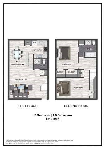 A diagram of a two bedroom apartment with a living room, dining room, kitchen, and bathroom.