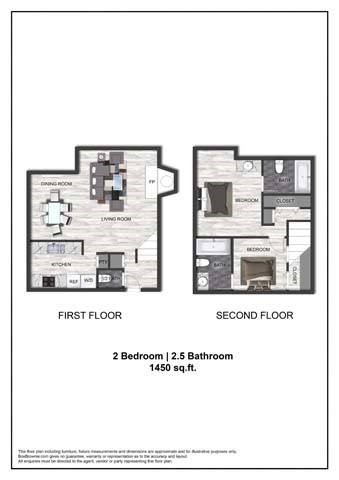 A floor plan of a two bedroom apartment with a bathroom.