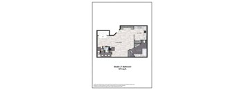 A floor plan of a studio apartment with a bathroom.