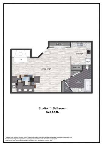 A floor plan of a studio apartment with a bathroom.