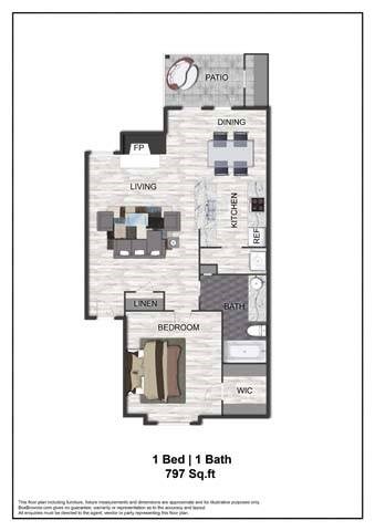 A floor plan of a one bedroom apartment with a bath.