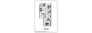 A floor plan of a 2 bedroom, 2 bathroom apartment sized 1000 sq.ft.