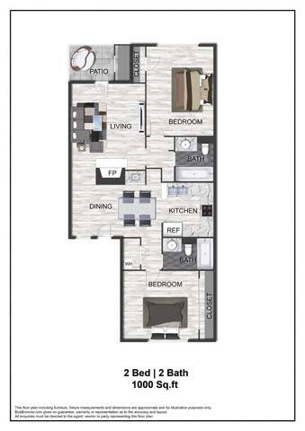 A floor plan of a 2 bedroom, 2 bathroom apartment sized 1000 sq.ft.