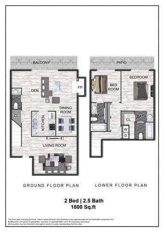A floor plan of a two bedroom apartment with a bath.