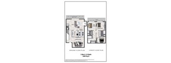A diagram shows the ground and lower floor plan of a 3 bedroom, 2.5 bathroom apartment.