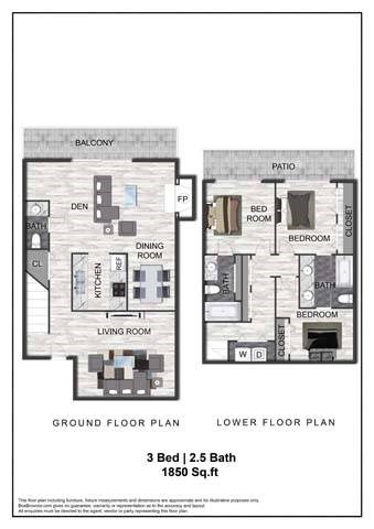 A diagram shows the ground and lower floor plan of a 3 bedroom, 2.5 bathroom apartment.