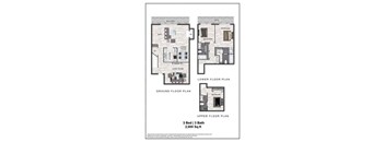 A floor plan for a 3 bedroom, 3 bathroom apartment sized at 2,000 square feet.