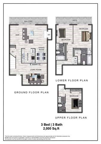 A floor plan for a 3 bedroom, 3 bathroom apartment sized at 2,000 square feet.