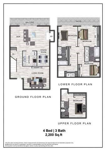 A diagram shows the ground, lower, and upper floor plans of a 4 bedroom, 3 bathroom property.