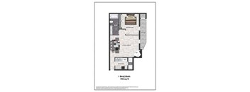 A floor plan of a one bedroom apartment with a bathroom, patio, living area, kitchen, and a reference to the size of the apartment.