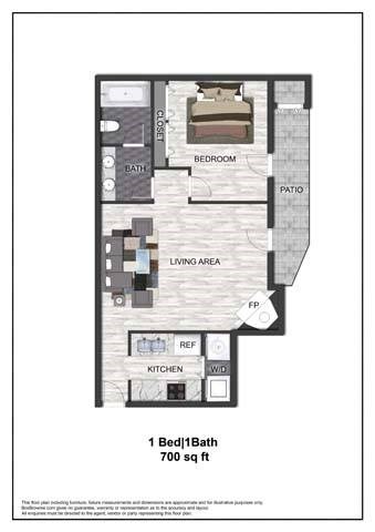 A floor plan of a one bedroom apartment with a bathroom, patio, living area, kitchen, and a reference to the size of the apartment.