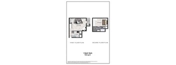 A floor plan shows a first and second floor layout for a 1 bedroom, 1 bath apartment sized at 743 sq ft.