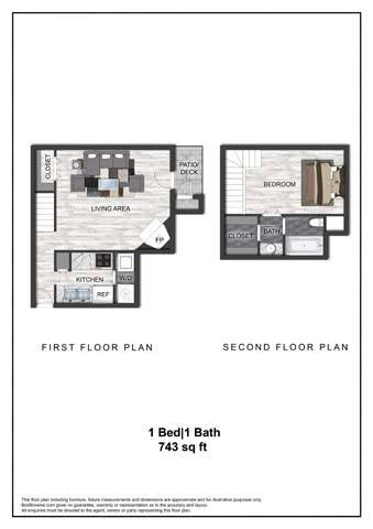 A floor plan shows a first and second floor layout for a 1 bedroom, 1 bath apartment sized at 743 sq ft.