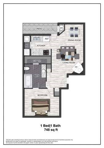 A floor plan of a one bedroom apartment with a bath.