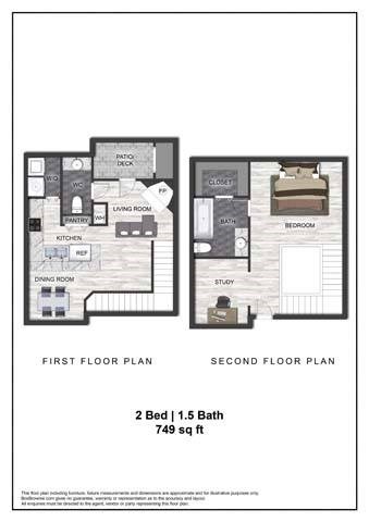A floor plan shows a first and second floor layout for a 2 bedroom, 1.5 bath home.