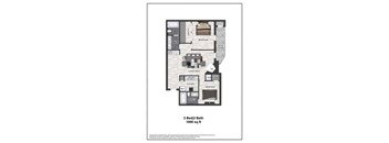 A floor plan of a 2 bedroom, 2 bathroom apartment sized at 1000 sq ft.