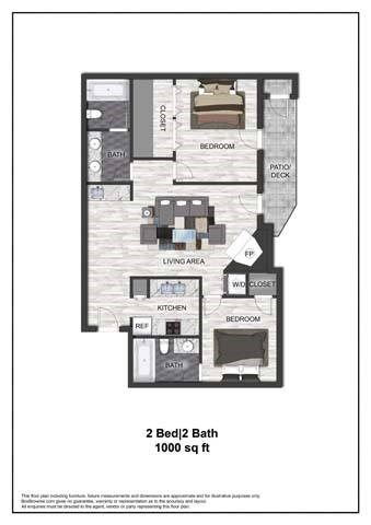 A floor plan of a 2 bedroom, 2 bathroom apartment sized at 1000 sq ft.