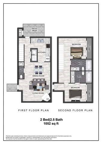 A diagram shows the layout of a two bedroom apartment with a total area of 1052 sq ft.