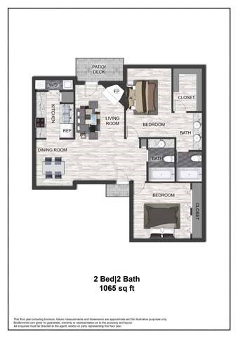 A floor plan of a 2 bedroom, 2 bathroom apartment sized at 1065 sq ft.