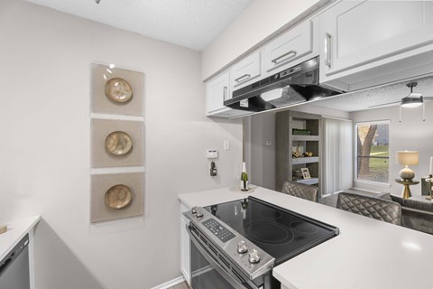 A modern kitchen with a stove top oven and a range hood.
