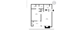 A floor plan of a small apartment with a living area, kitchen, and bathroom.