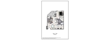 A floor plan of a small apartment with a bedroom, living room, kitchen, and bathroom.