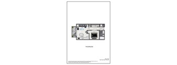 A floor plan of a one bedroom apartment with a living room, kitchen, patio, and bathroom.
