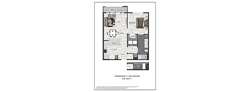 A floor plan of a one bedroom apartment with a bathroom.