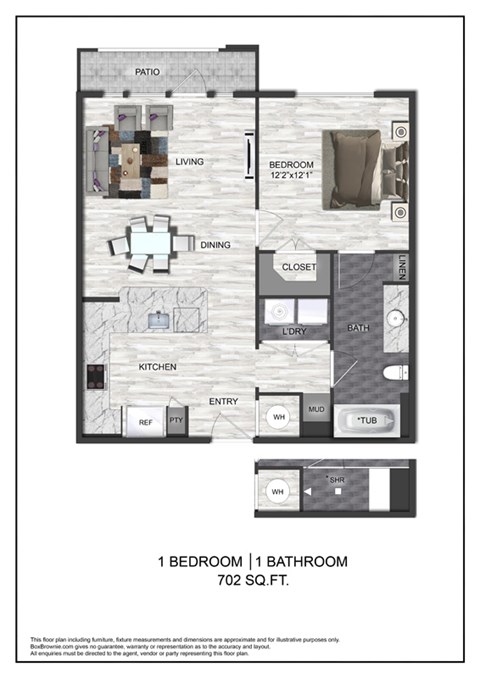 A floor plan of a one bedroom apartment with a bathroom.
