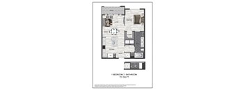 A floor plan of a one bedroom apartment with a bathroom.