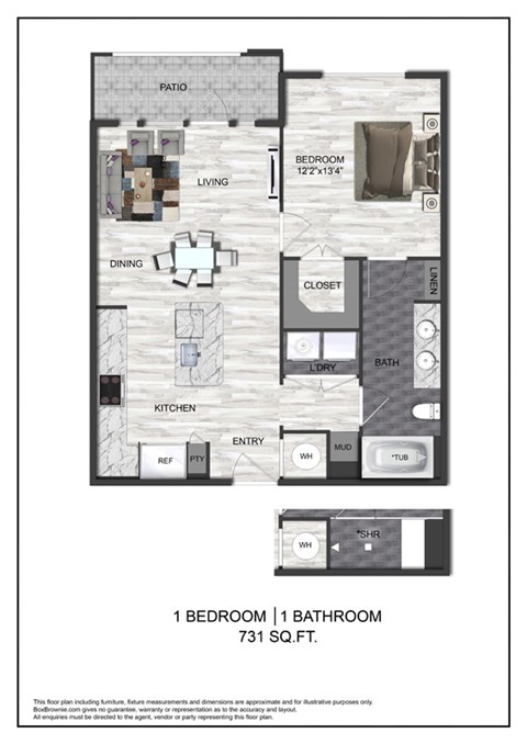 A floor plan of a one bedroom apartment with a bathroom.