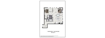 A floor plan of a one bedroom apartment with a bathroom and a kitchen.