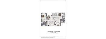 A floor plan of a house with two bedrooms and two bathrooms.
