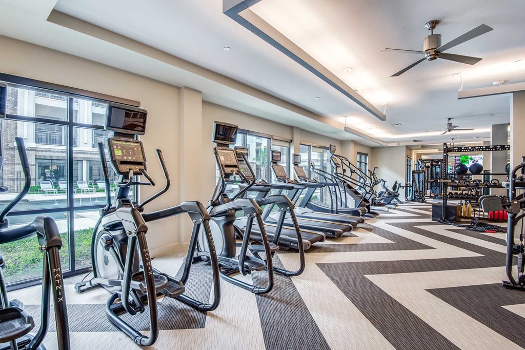A gym with treadmills and exercise bikes.