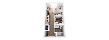 A small apartment with a kitchen, living room, and bathroom.