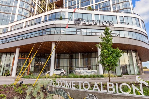A modern building with the word "Albion" on it.