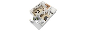 A 3D floor plan of a house with a living room, kitchen, dining room, and bathroom.