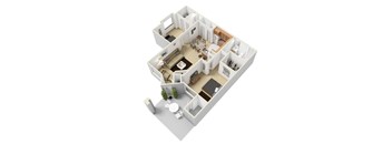 A 3D floor plan of a house with a living room, kitchen, dining room, and bathroom.