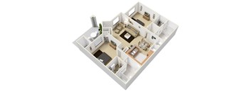 A 3D floor plan of a house with a living room, kitchen, and two bedrooms.